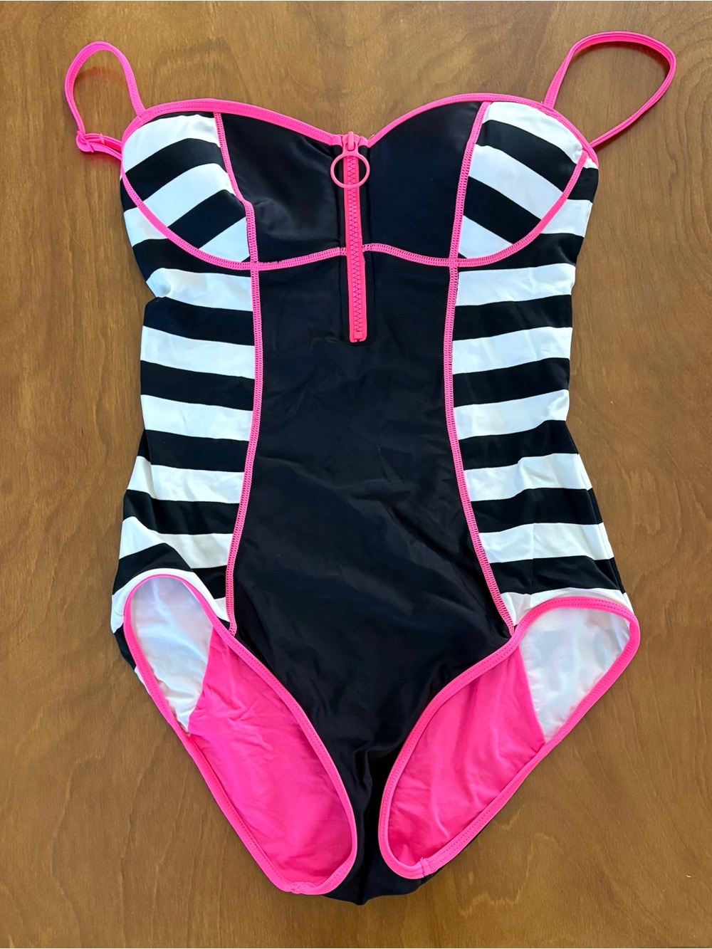 Juicy Couture Black, White & Hot Pink Stripe One-Piece Swim w/ Zipper Sz M NWOT